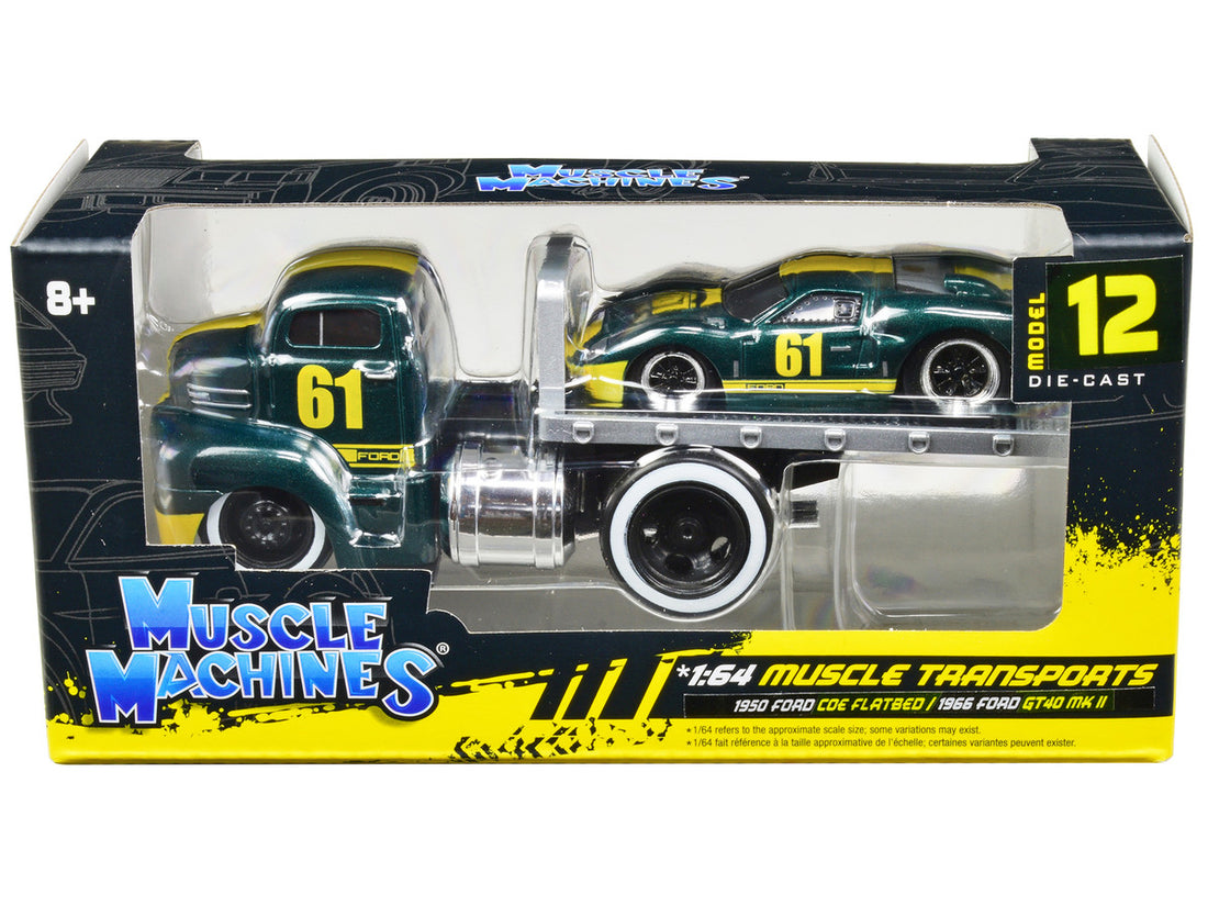 1950 Ford COE Flatbed Truck #61 and 1966 Ford GT40 MK II #61 Green Metallic with Yellow Stripes "Muscle Transports" Series 1/64 Diecast Model Cars by Muscle Machines-0