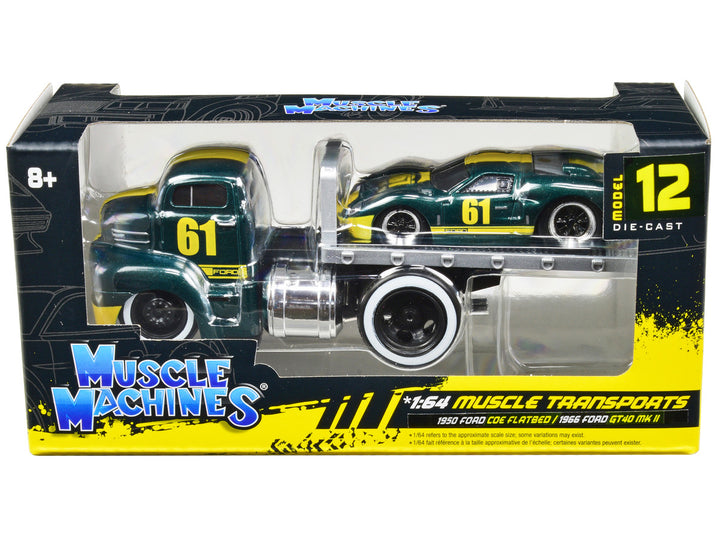 1950 Ford COE Flatbed Truck #61 and 1966 Ford GT40 MK II #61 Green Metallic with Yellow Stripes "Muscle Transports" Series 1/64 Diecast Model Cars by Muscle Machines-0