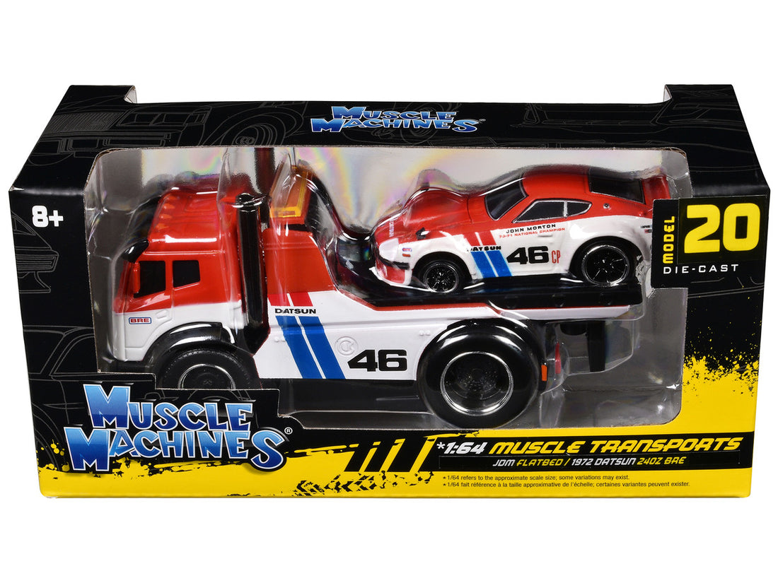 JDM Flatbed Truck #46 Red and White with Blue Stripes and 1972 Datsun 240Z #46 Red and White with Blue Stripes "BRE" "Muscle Transports" Series 1/64 Diecast Models by Muscle Machines-2