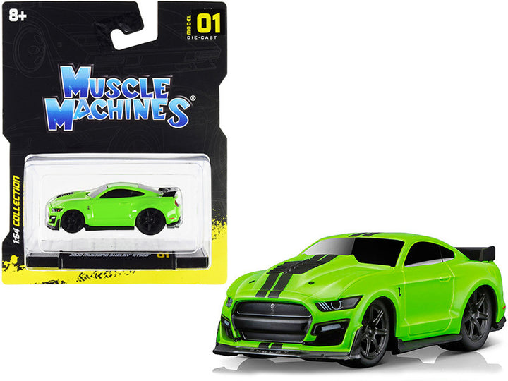 2020 Ford Mustang Shelby GT500 Bright Green with Black Stripes 1/64 Diecast Model Car by Muscle Machines-0