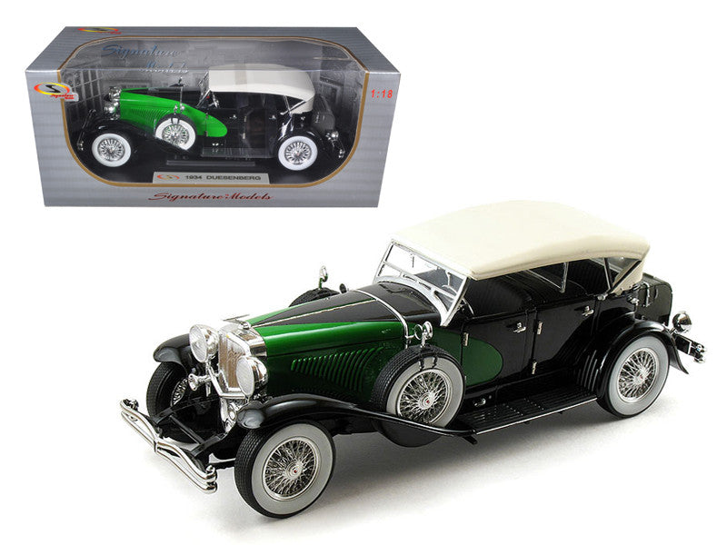 1934 Duesenberg Model J Black and Green with Cream Top 1/18 Diecast Model Car by Signature Models-0