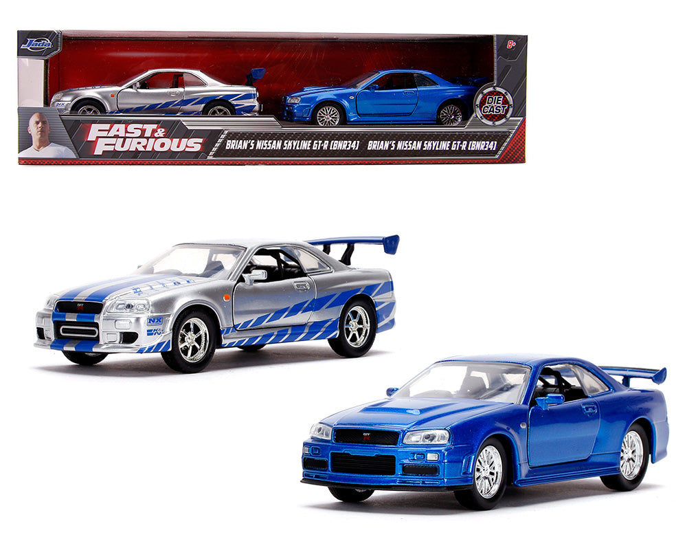 Nissan Skyline GT-R (BNR34) Silver (Brian's) – Blue, Jada 1:32 Twin-Packs Fast & Furious | 31980