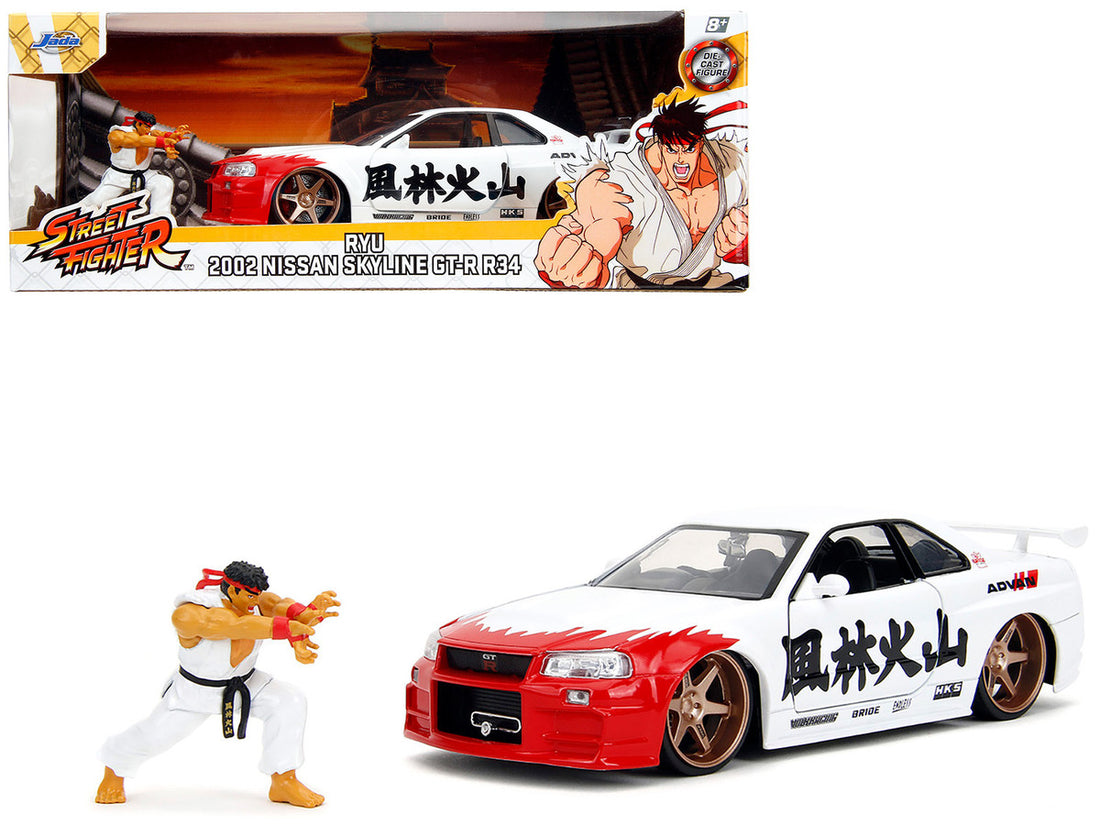 2002 Nissan Skyline GT-R (R34) RHD (Right Hand Drive) White with Red Graphics and Ryu Diecast Figure "Street Fighter" Video Game "Anime Hollywood Rides" Series 1/24 Diecast Model Car by Jada-4
