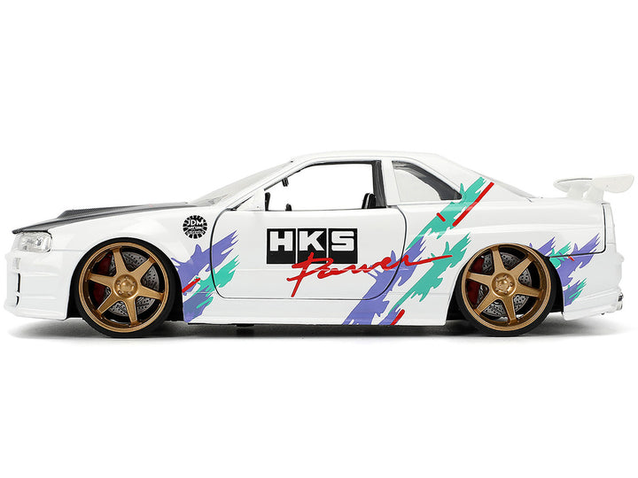 2002 Nissan Skyline GT-R (R34) RHD (Right Hand Drive) "HKS Power" White with Carbon Hood and Graphics "JDM Tuners" Series 1/24 Diecast Model Car by Jada-0