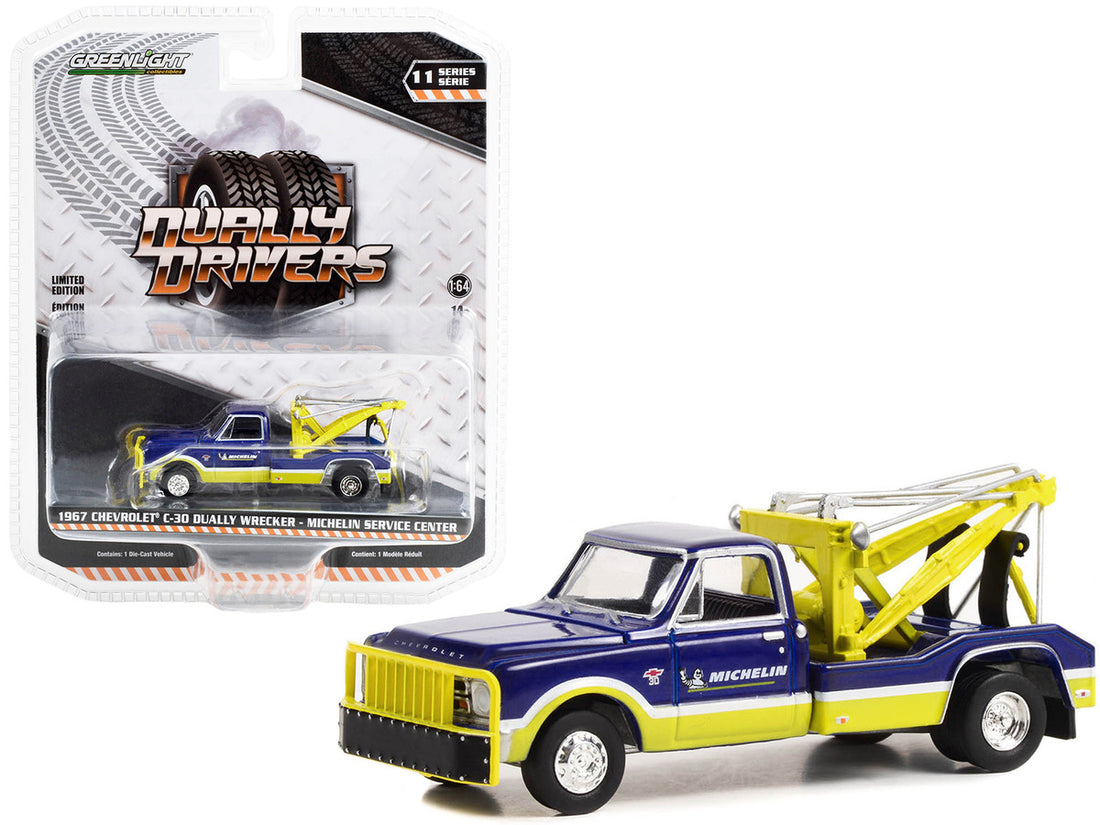 1967 Chevrolet C-30 Dually Wrecker Tow Truck "Michelin Service Center" Blue and Yellow "Dually Drivers" Series 11 1/64 Diecast Model Car by Greenlight-0
