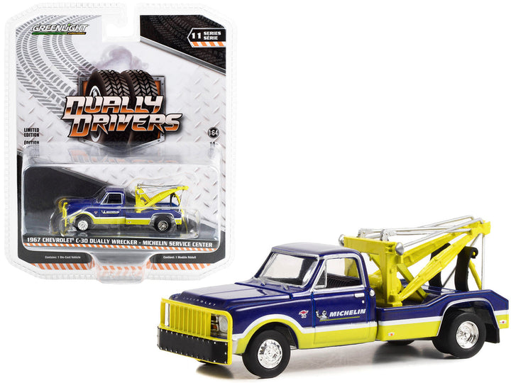 1967 Chevrolet C-30 Dually Wrecker Tow Truck "Michelin Service Center" Blue and Yellow "Dually Drivers" Series 11 1/64 Diecast Model Car by Greenlight-0