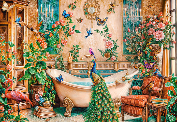 1000 Piece Jigsaw Puzzle, The Bath Fantasy, Luxurious bathroom, Peacock and exotic birds, Ornate, vibrant art., Adult Puzzle, Castorland C-105380-2 2