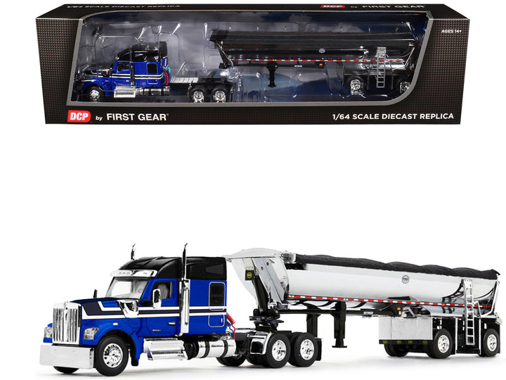 Kenworth W990 76" Mid-Roof Sleeper and MAC Half Round End Dump Trailer Blue and Black 1/64 Diecast Model by DCP/First Gear-0