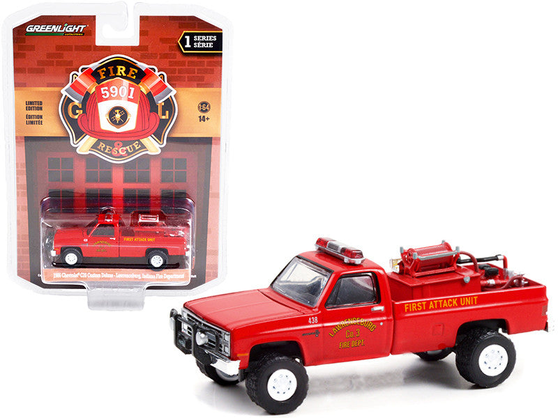 Chevrolet 1986 C20 Custom Deluxe Pickup Truck Red First Attack Unit Fire Equipment and Hose and Tank "Lawrenceburg Fire Department" (Indiana) "Fire & Rescue" Series 1 1/64 Diecast Model Car by Greenlight