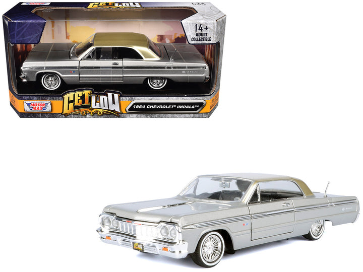 Chevrolet 1964 Impala Lowrider Hard Top Silver Metallic with Gold Metallic Top "Get Low" Series 1/24 Diecast Model Car by Motormax