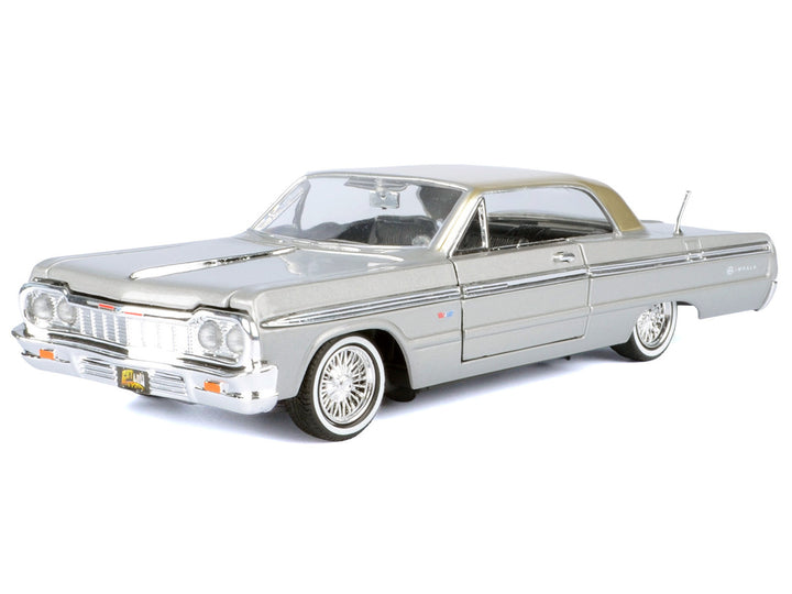 Chevrolet 1964 Impala Lowrider Hard Top Silver Metallic with Gold Metallic Top "Get Low" Series 1/24 Diecast Model Car by Motormax 2