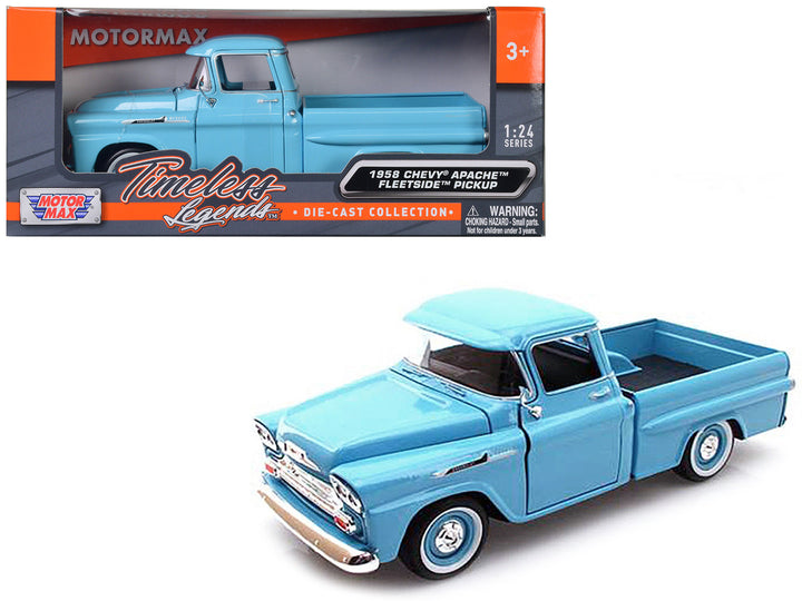 1958 Chevrolet Apache Fleetside Pickup Truck Light Blue 1/24 Diecast Model Car by Motormax-0