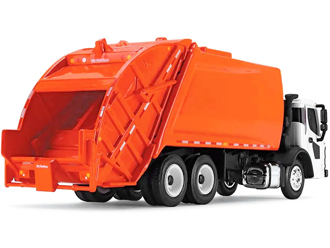 Mack LR with McNeilus Rear Load Refuse Body Orange and White 1/87 (HO) Diecast Model by First Gear-1