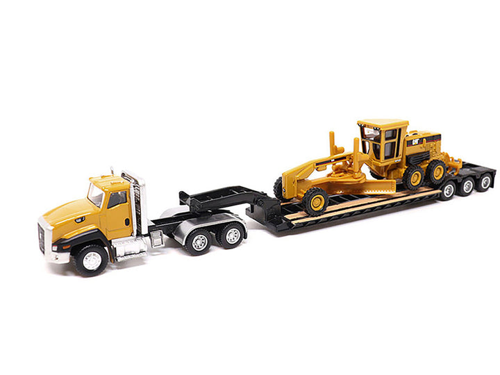 CAT Caterpillar CT660 Day Cab Tractor Yellow with Lowboy Trailer and CAT 163H Motor Grader Yellow 1/87 (HO) Diecast Model by Diecast Masters-1