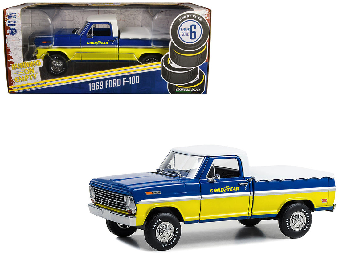 1969 Ford F-100 Pickup Truck Blue and Yellow with White Top and Bed Cover "Goodyear Tires" "Running on Empty" Series 6 1/24 Diecast Model Car by Greenlight-0