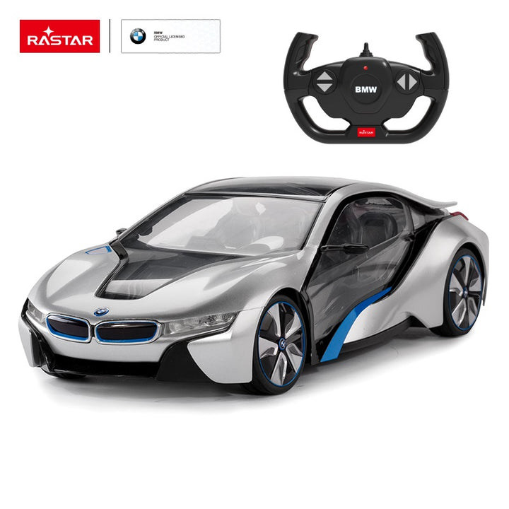 BMW i8 (White with blue strip) 1:14 Scale RC Remote Control Car by Rastar