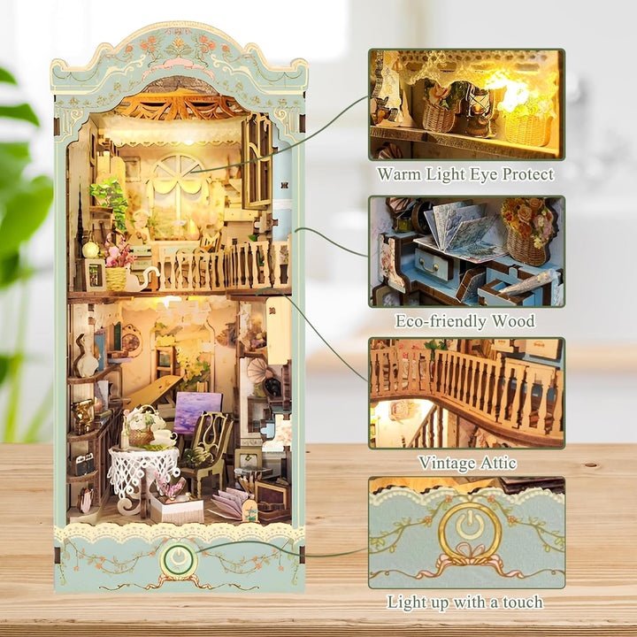 DIY Miniature Dollhouse Kit with Touch Light 3D Wooden Book World Bookshelf Bookcase - Pastoral Diary Book Nook Front View