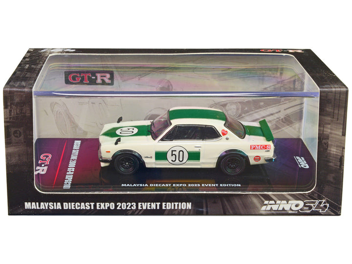 Nissan Skyline 2000 GT-R (KPGC10) #50 RHD (Right Hand Drive) White with Green Stripes "Malaysia Diecast Expo Event Edition" (2023) 1/64 Diecast Model Car by Inno Models-0