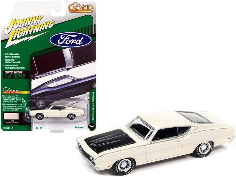1969 Ford Torino Talladega Wimbledon White with Matt Black Hood "Classic Gold Collection" Series Limited Edition to 10548 pieces Worldwide 1/64 Diecast Model Car by Johnny Lightning-0