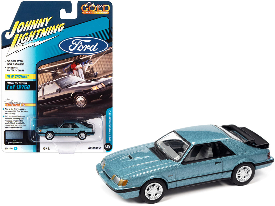 1986 Ford Mustang SVO Light Regatta Blue Metallic with Black Stripes "Classic Gold Collection" Series Limited Edition to 12768 pieces Worldwide 1/64 Diecast Model Car by Johnny Lightning-0