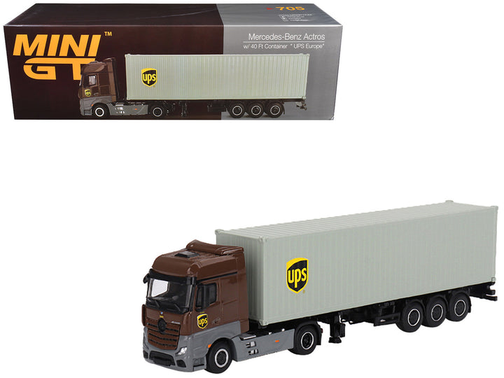 Mercedes-Benz Actros with 40' Container "UPS Europe" Brown and Gray 1/64 Diecast Model by Mini GT-0