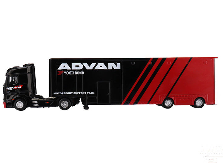 Mercedes-Benz Actros with Racing Transporter Red and Black "ADVAN" 1/64 Diecast Model Car by Mini GT-0