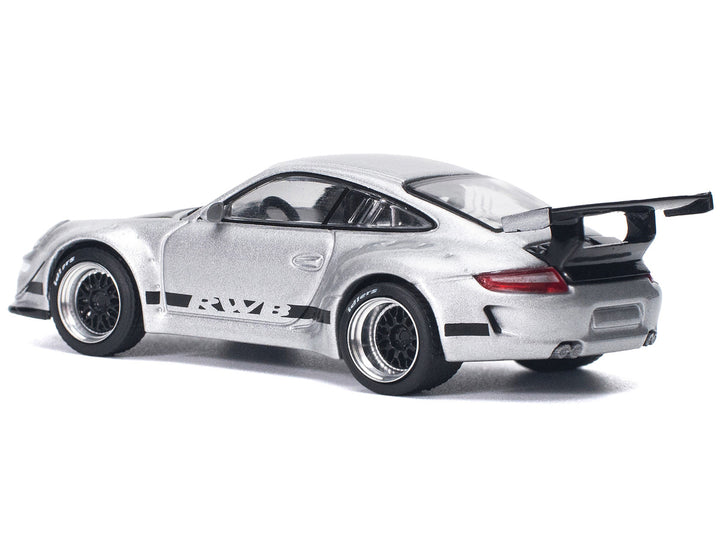 RWB 997 Silver Metallic with Black Stripes and Hood 1/64 Diecast Model Car by Pop Race-1