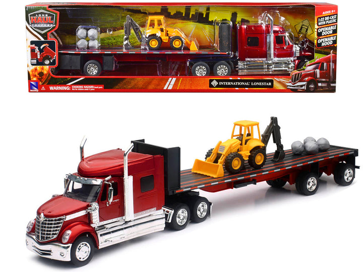 International Lonestar Truck with Flatbed Trailer Red Metallic with Front Loader and Rocks "Long Haul Truckers" Series 1/32 Diecast Model by New Ray-0