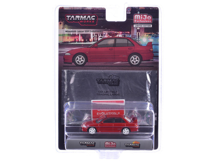 Mitsubishi Lancer GSR Evolution II RHD (Right Hand Drive) Red with Tarmac Cards "Global64" Series 1/64 Diecast Model by Tarmac Works-1