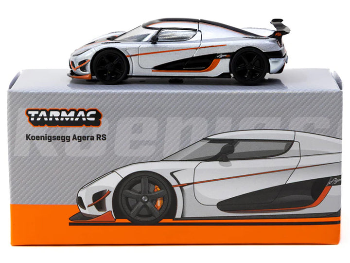 Koenigsegg Agera RS Moon Silver Metallic with Black and Orange Stripes "Global64" Series 1/64 Diecast Model by Tarmac Works