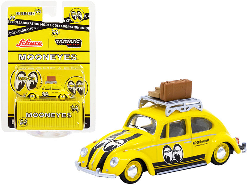 Volkswagen Beetle Low Ride Yellow with Roof Rack and Luggage "Mooneyes" "Collaboration Model" 1/64 Diecast Model Car by Schuco & Tarmac Works-0