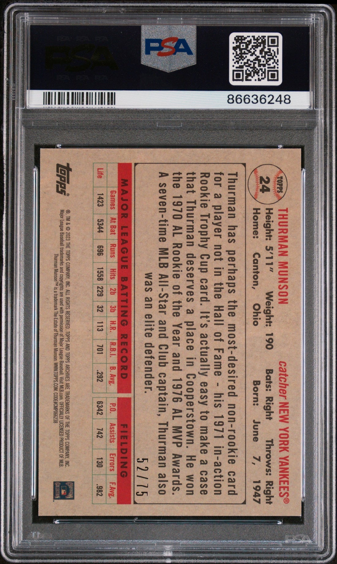 2023 TOPPS ARCHIVES THURMAN MUNSON AQUA SPARKLE FOIL #24 - PSA 10 2