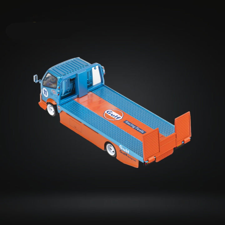 HINO 300 Flat Bed Transport Truck in Gulf Livery 1:64 by MicroTurbo Angled Rear View