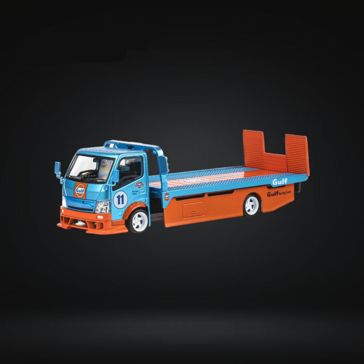 HINO 300 Flat Bed Transport Truck in Gulf Livery 1:64 by MicroTurbo Front Angle View