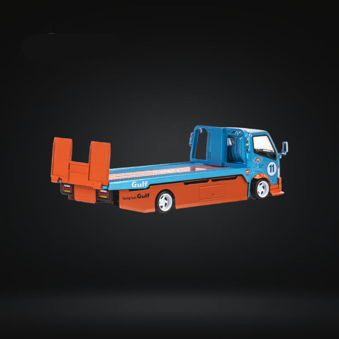 HINO 300 Flat Bed Transport Truck in Gulf Livery 1:64 by MicroTurbo Angled Rear Up View