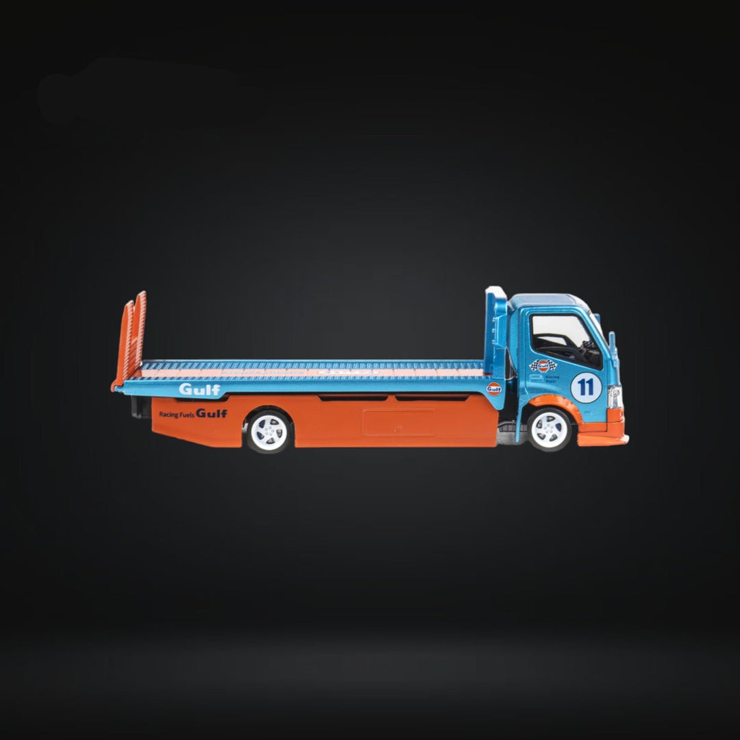 HINO 300 Flat Bed Transport Truck in Gulf Livery 1:64 by MicroTurbo Right Side View