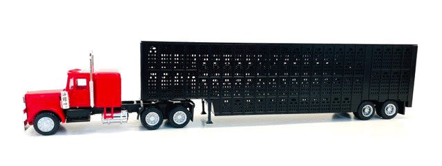 Peterbilt with Sleeper Cab Red with Black Livestock Trailer 1/87 (HO) Plastic Model Car by Promotex-1