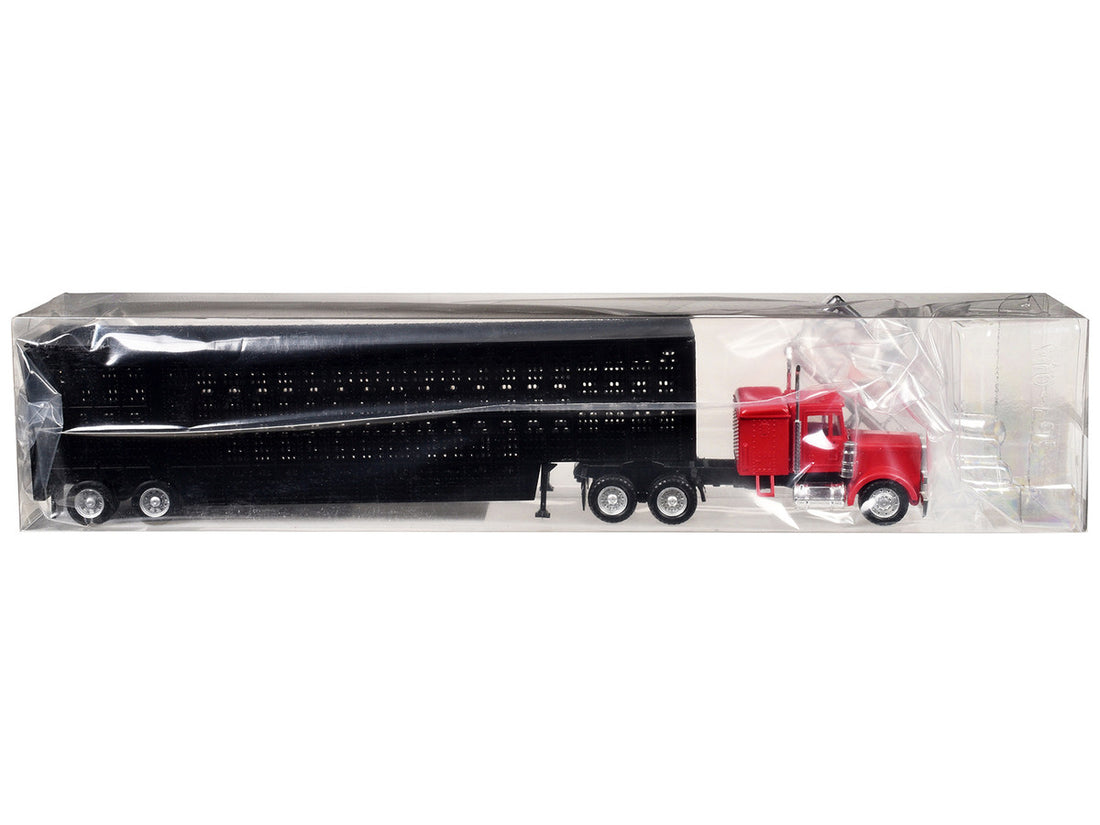 Peterbilt with Sleeper Cab Red with Black Livestock Trailer 1/87 (HO) Plastic Model Car by Promotex-2