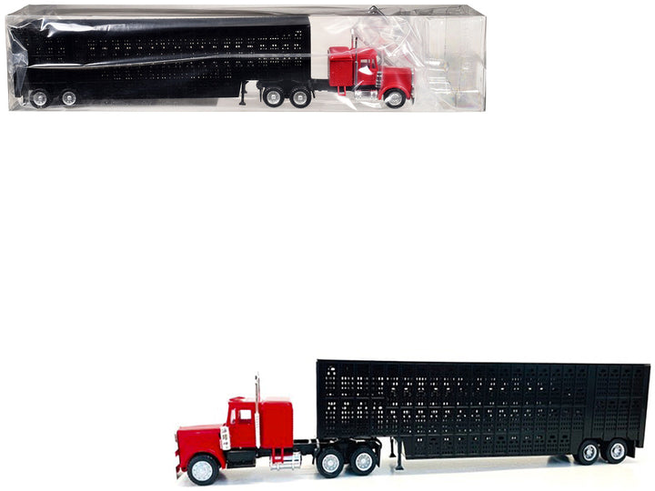 Peterbilt with Sleeper Cab Red with Black Livestock Trailer 1/87 (HO) Plastic Model Car by Promotex-0