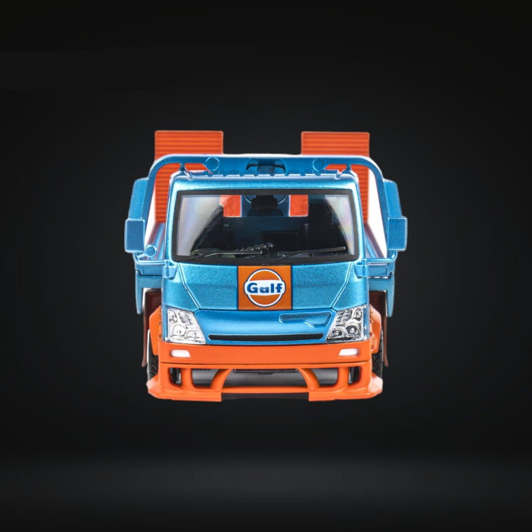 HINO 300 Flat Bed Transport Truck in Gulf Livery 1:64 by MicroTurbo Front View