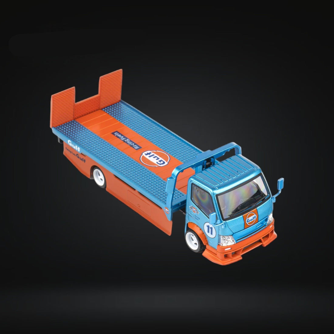 HINO 300 Flat Bed Transport Truck in Gulf Livery 1:64 by MicroTurbo Angled Front View