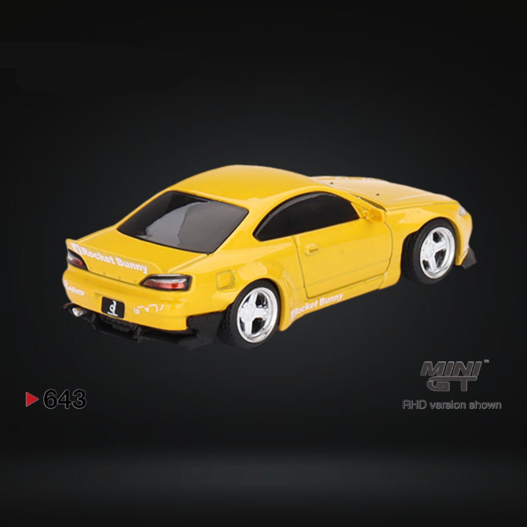 Nissan Silvia (S15) Rocket Bunny Bronze Yellow #643 1:64 by Mini-GT MGT00643 Angled Rear View