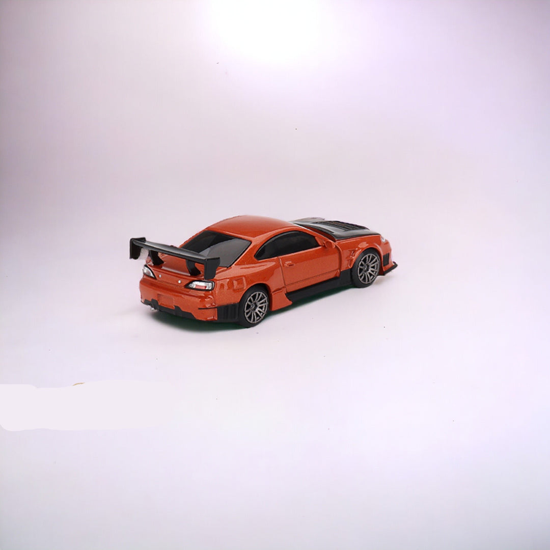 Nissan Silvia S15 D-MAX Metallic Orange #581 1:64 by Mini-GT MGT0581 Angled Rear View