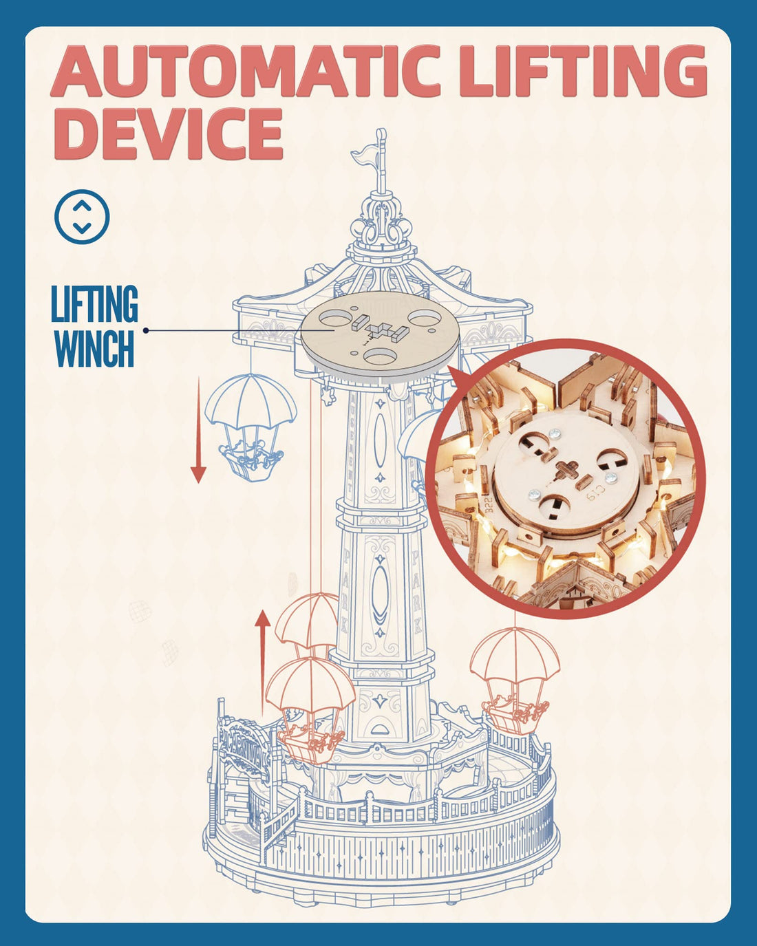 3D Wooden Parachute Tower Music Box Puzzle. 4