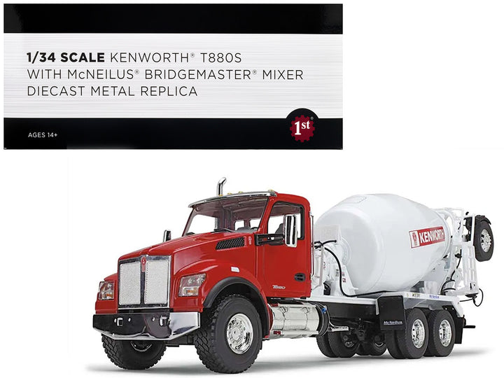 Kenworth T880S Truck with McNeilus Bridgemaster Cement Mixer Red and White 1/34 Diecast Model by First Gear-0