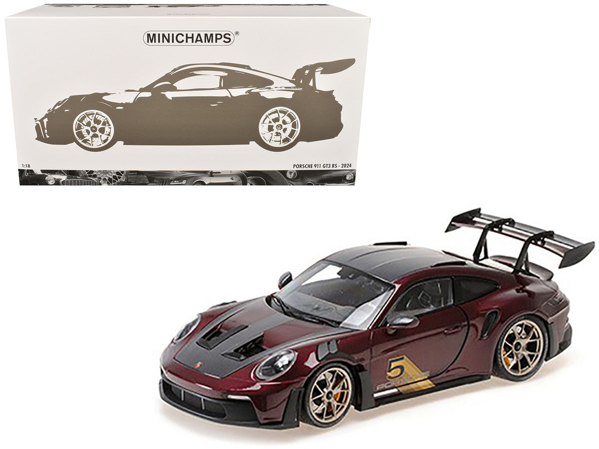 Porsche 2024 911 GT3 RS #5 Purple with Carbon Top and Hood Stripes Limited Edition to 400 pieces Worldwide 1/18 Diecast Model Car by Minichamps 2
