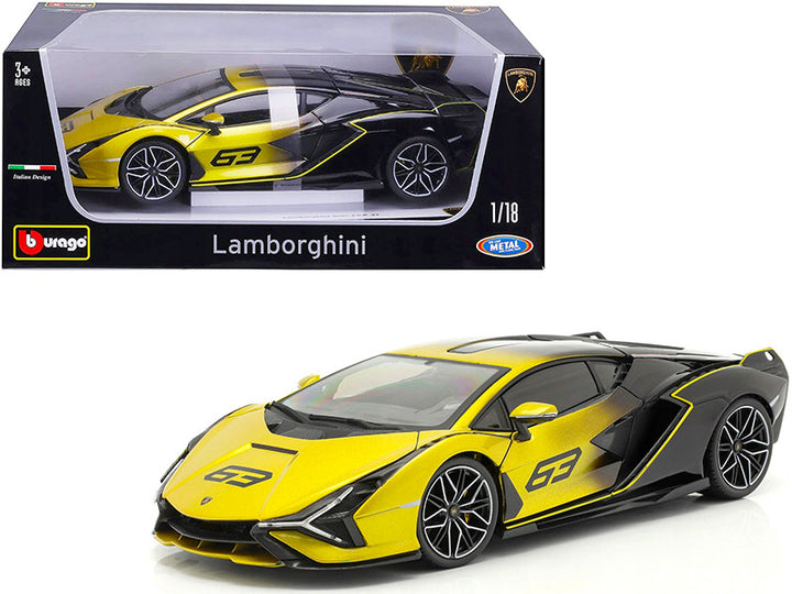 Lamborghini Sian FKP 37 #63 Yellow Metallic and Black 1/18 Diecast Model Car by Bburago-0