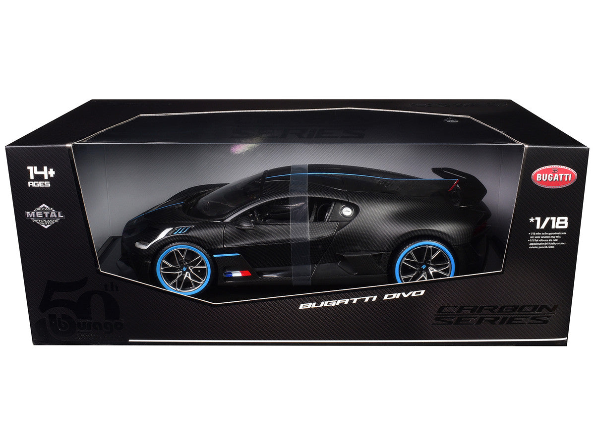 Bugatti Divo Carbon Fiber with Blue Accents "Carbon Series - Bburago 50th Anniversary" 1/18 Diecast Model Car by Bburago-0