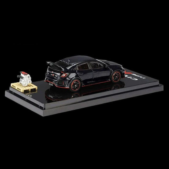 Honda Civic 2017 Type R FK8 Crystal Blk With Engine Model Display 1:64 by Hobby Japan HJ641055BK Angled Rear View