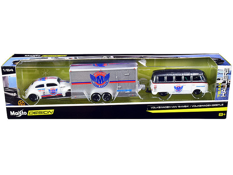 Volkswagen Samba Bus Dark Gray Metallic and White with Volkswagen Beetle White Metallic and Enclosed Car Trailer Silver "Toyo Tires" "Team Haulers" Series 1/64 Diecast Model Cars by Maisto-0